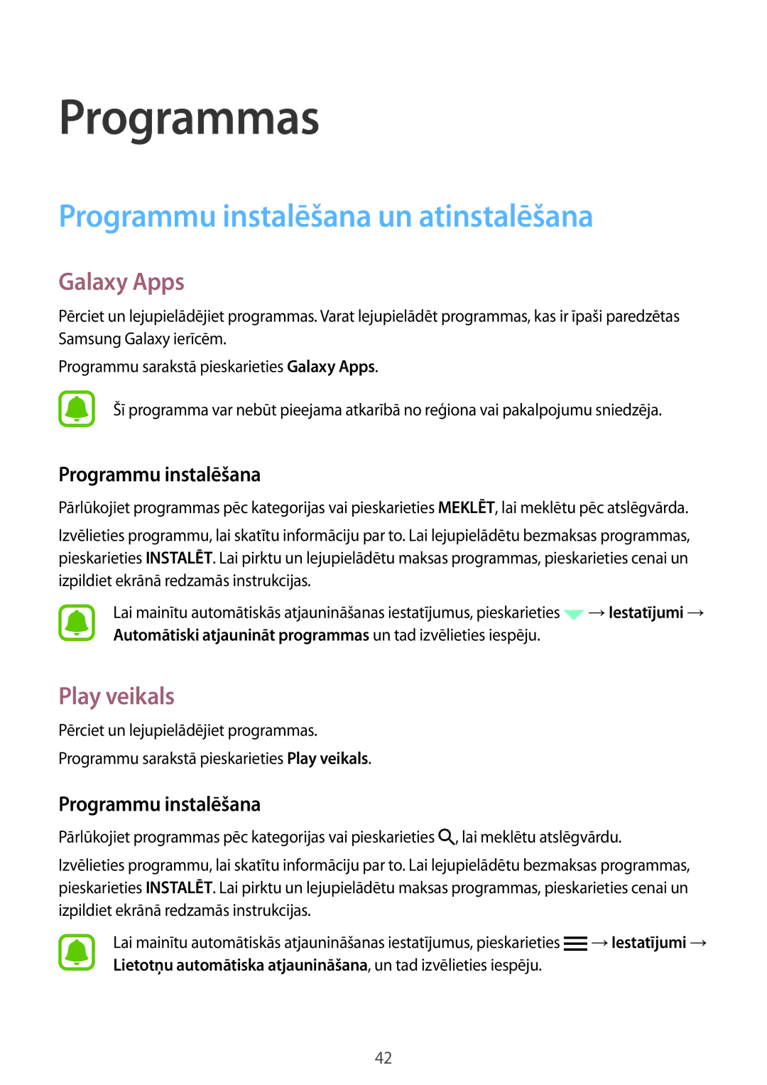 Samsung SM-T810NZKESEB, SM-T810NZWESEB, SM-T810NZDESEB Programmu instalēšana un atinstalēšana, Galaxy Apps, Play veikals 