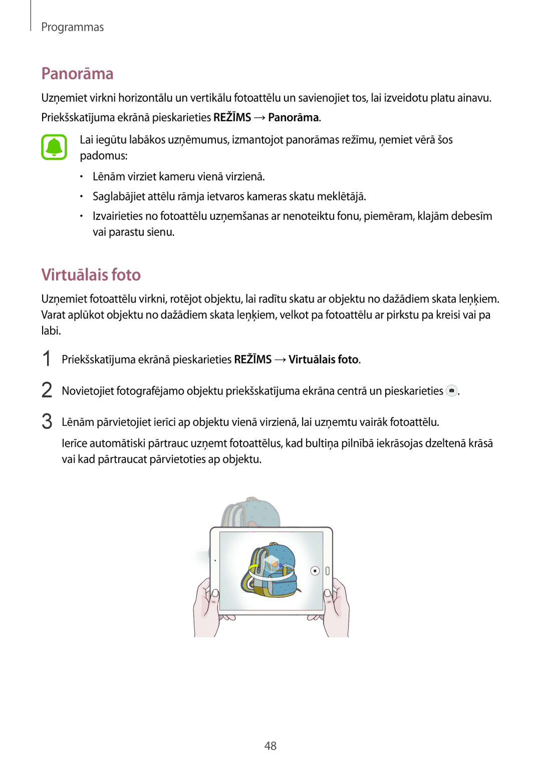 Samsung SM-T810NZKESEB, SM-T810NZWESEB, SM-T810NZDESEB manual Panorāma, Virtuālais foto 