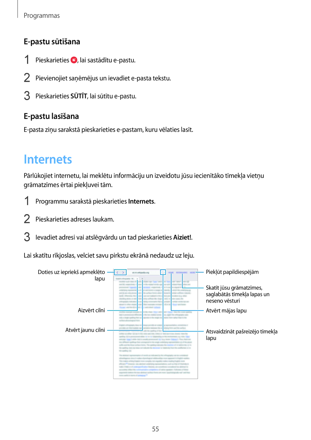 Samsung SM-T810NZWESEB, SM-T810NZKESEB, SM-T810NZDESEB manual Internets, Pastu sūtīšana, Pastu lasīšana 