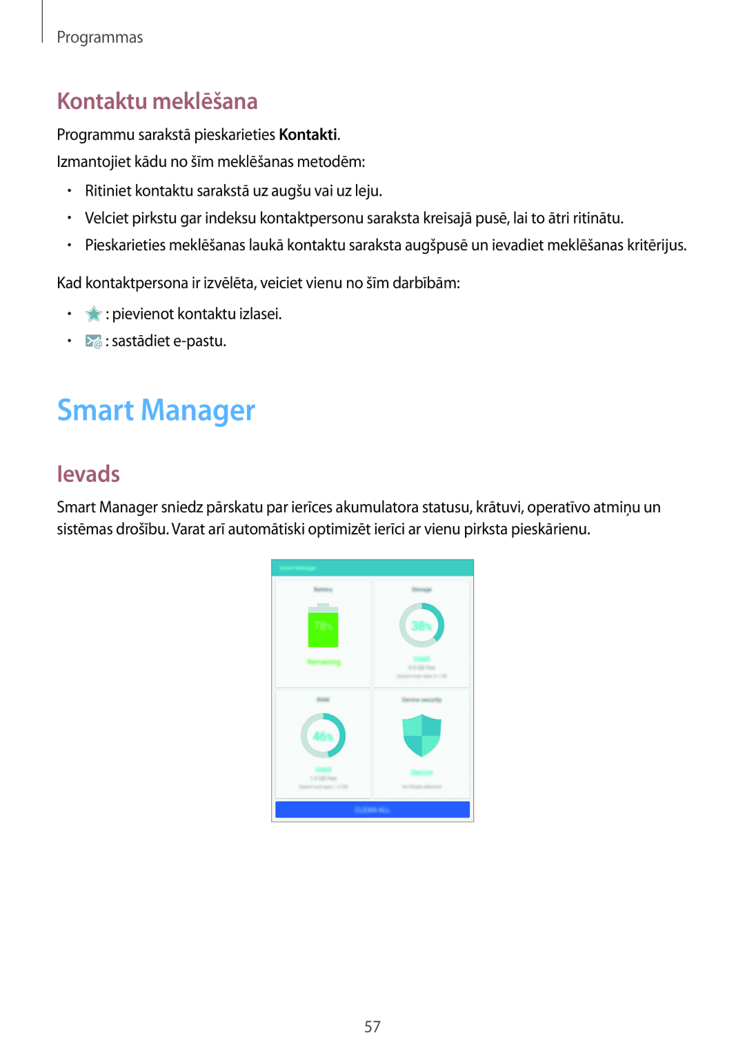 Samsung SM-T810NZKESEB, SM-T810NZWESEB, SM-T810NZDESEB manual Smart Manager, Kontaktu meklēšana 