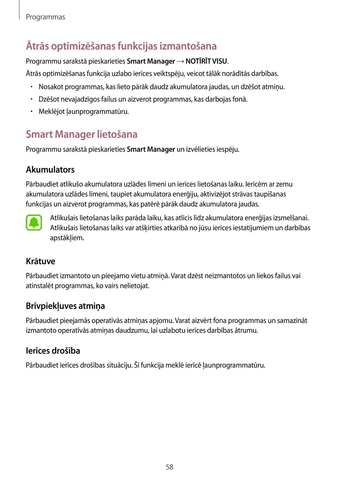 Samsung SM-T810NZWESEB, SM-T810NZKESEB, SM-T810NZDESEB Ātrās optimizēšanas funkcijas izmantošana, Smart Manager lietošana 