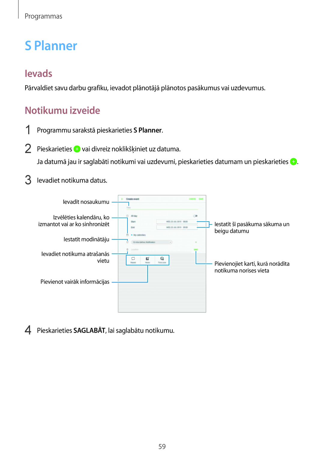 Samsung SM-T810NZDESEB, SM-T810NZKESEB, SM-T810NZWESEB manual Planner, Notikumu izveide 