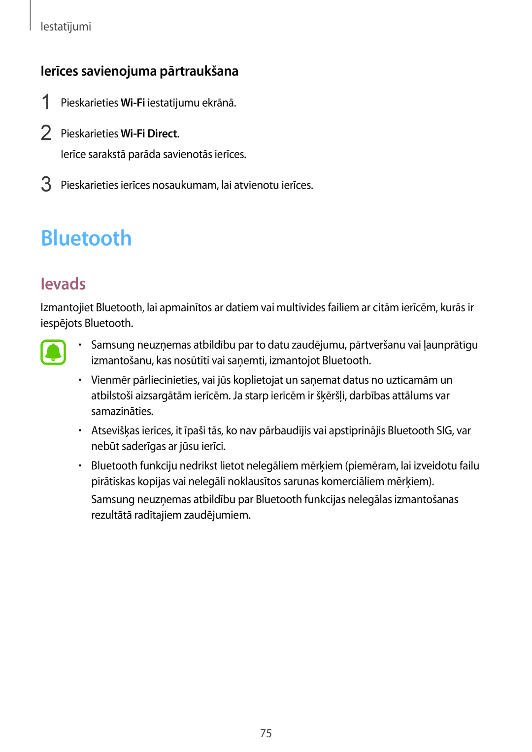 Samsung SM-T810NZKESEB, SM-T810NZWESEB, SM-T810NZDESEB manual Bluetooth, Ierīces savienojuma pārtraukšana 