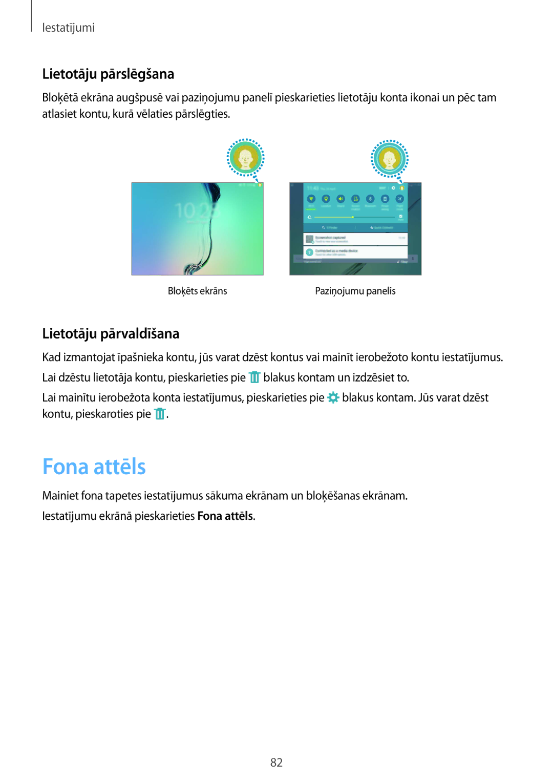 Samsung SM-T810NZWESEB, SM-T810NZKESEB, SM-T810NZDESEB manual Fona attēls, Lietotāju pārslēgšana, Lietotāju pārvaldīšana 