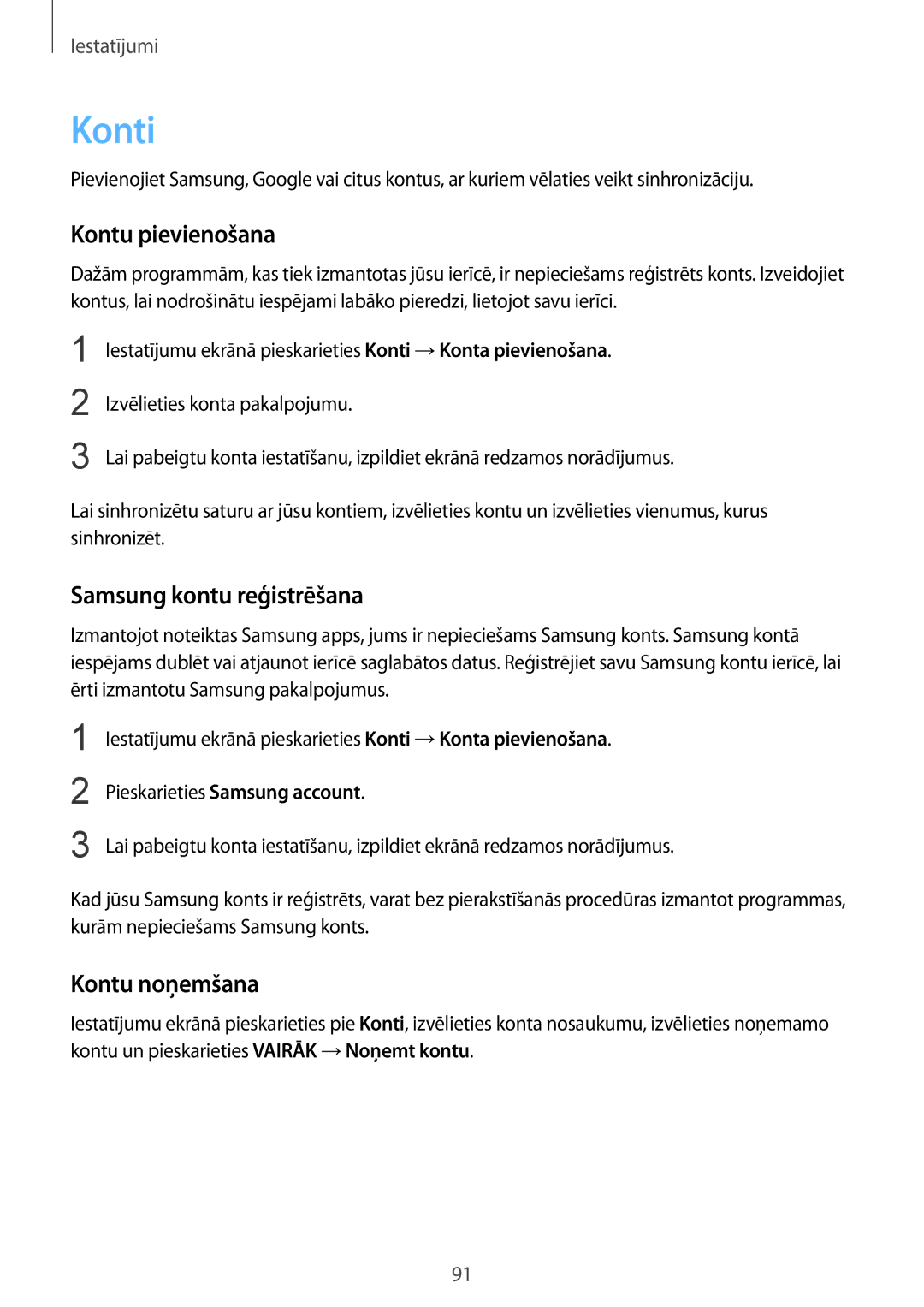 Samsung SM-T810NZWESEB, SM-T810NZKESEB manual Konti, Kontu pievienošana, Samsung kontu reģistrēšana, Kontu noņemšana 