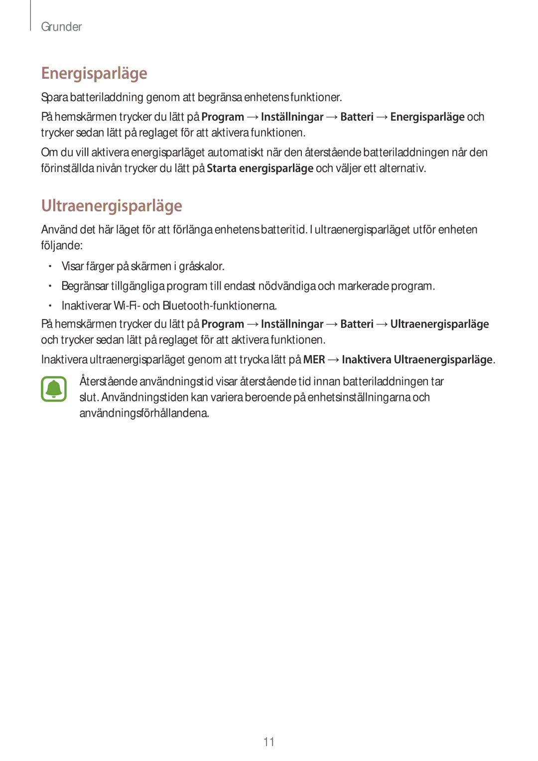 Samsung SM-T710NZWENEE, SM-T810NZWENEE manual Energisparläge, Ultraenergisparläge 