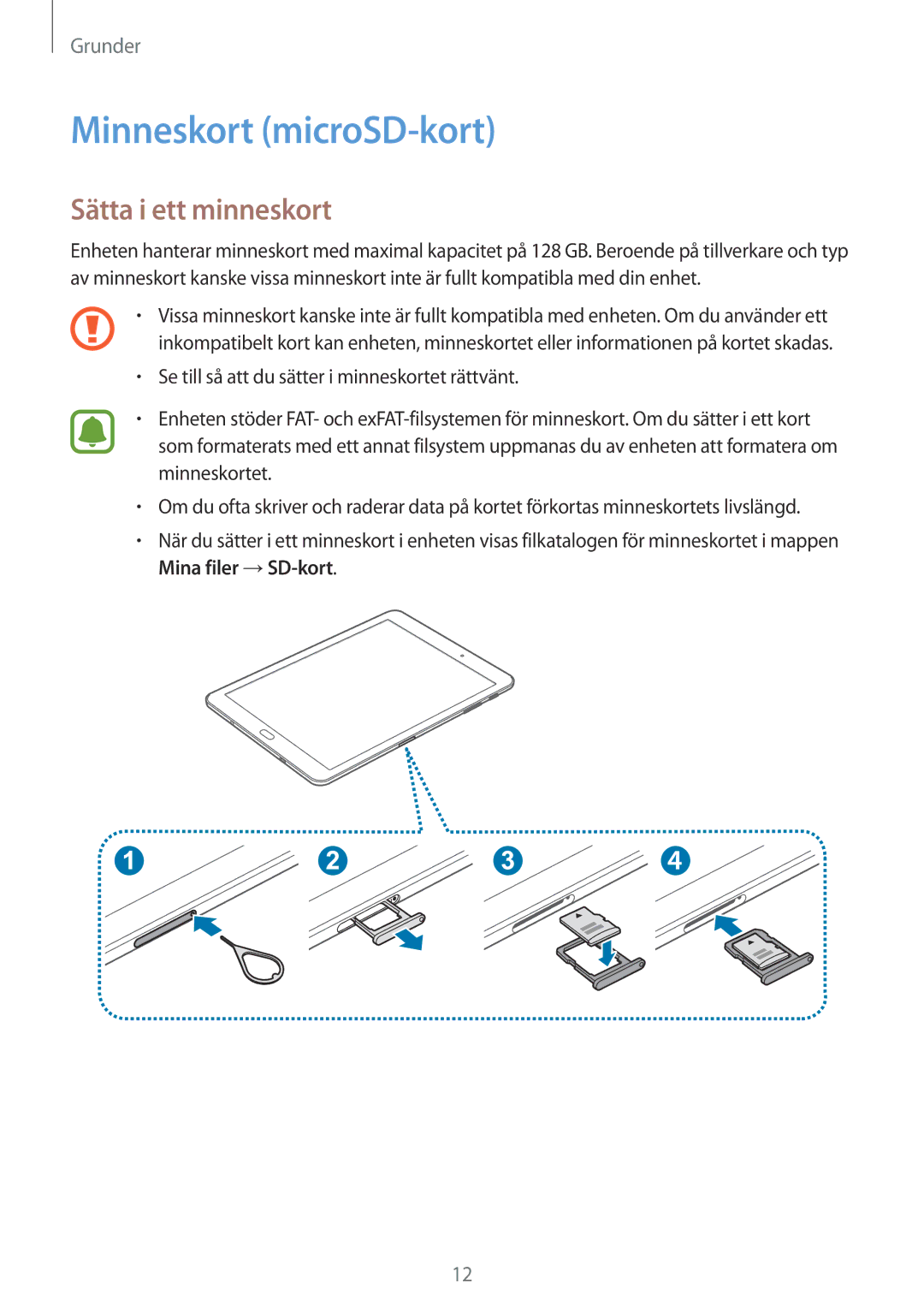 Samsung SM-T810NZWENEE, SM-T710NZWENEE manual Minneskort microSD-kort, Sätta i ett minneskort 