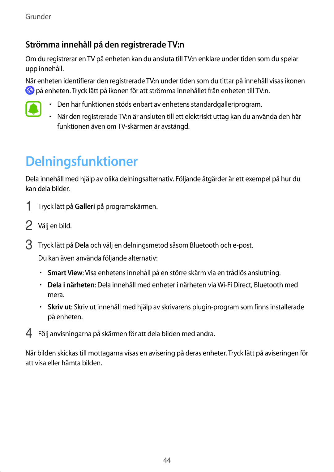 Samsung SM-T810NZWENEE, SM-T710NZWENEE manual Delningsfunktioner, Strömma innehåll på den registrerade TVn 