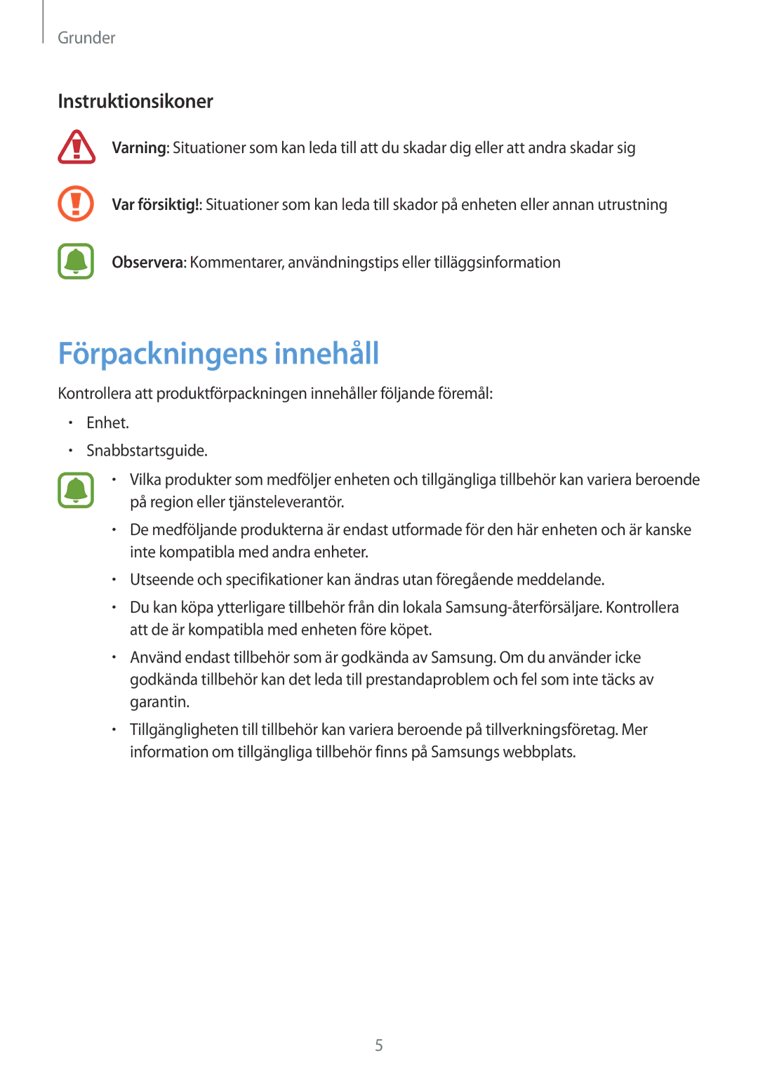 Samsung SM-T710NZWENEE, SM-T810NZWENEE manual Förpackningens innehåll, Instruktionsikoner 