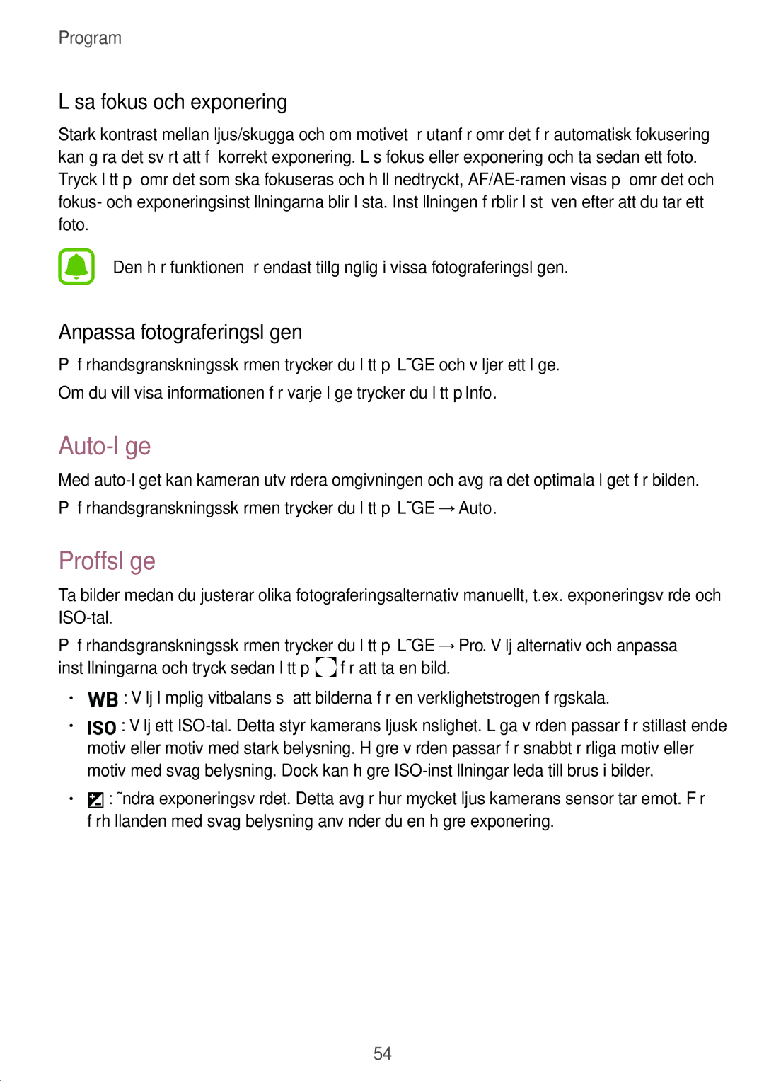 Samsung SM-T810NZWENEE, SM-T710NZWENEE manual Auto-läge, Proffsläge, Låsa fokus och exponering, Anpassa fotograferingslägen 