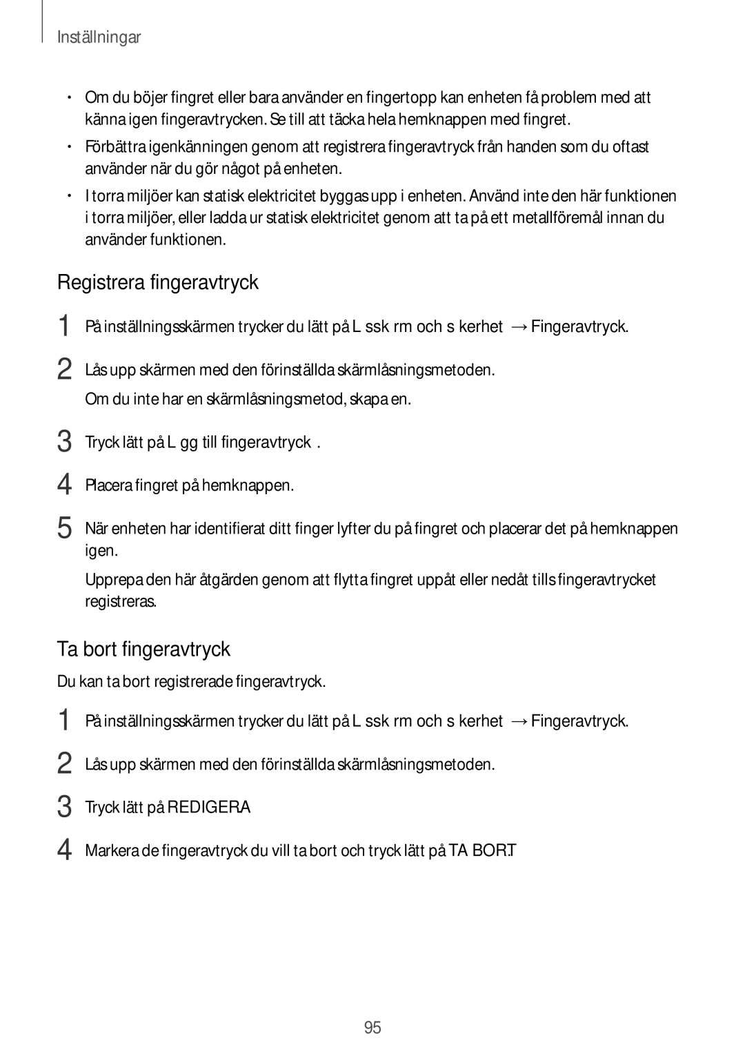 Samsung SM-T710NZWENEE, SM-T810NZWENEE manual Registrera fingeravtryck, Ta bort fingeravtryck 