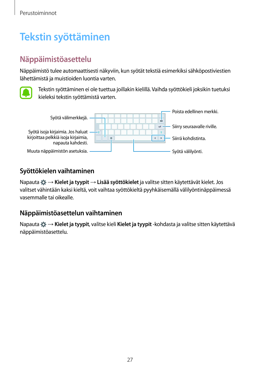 Samsung SM-T710NZWENEE, SM-T810NZWENEE manual Tekstin syöttäminen, Näppäimistöasettelu, Syöttökielen vaihtaminen 