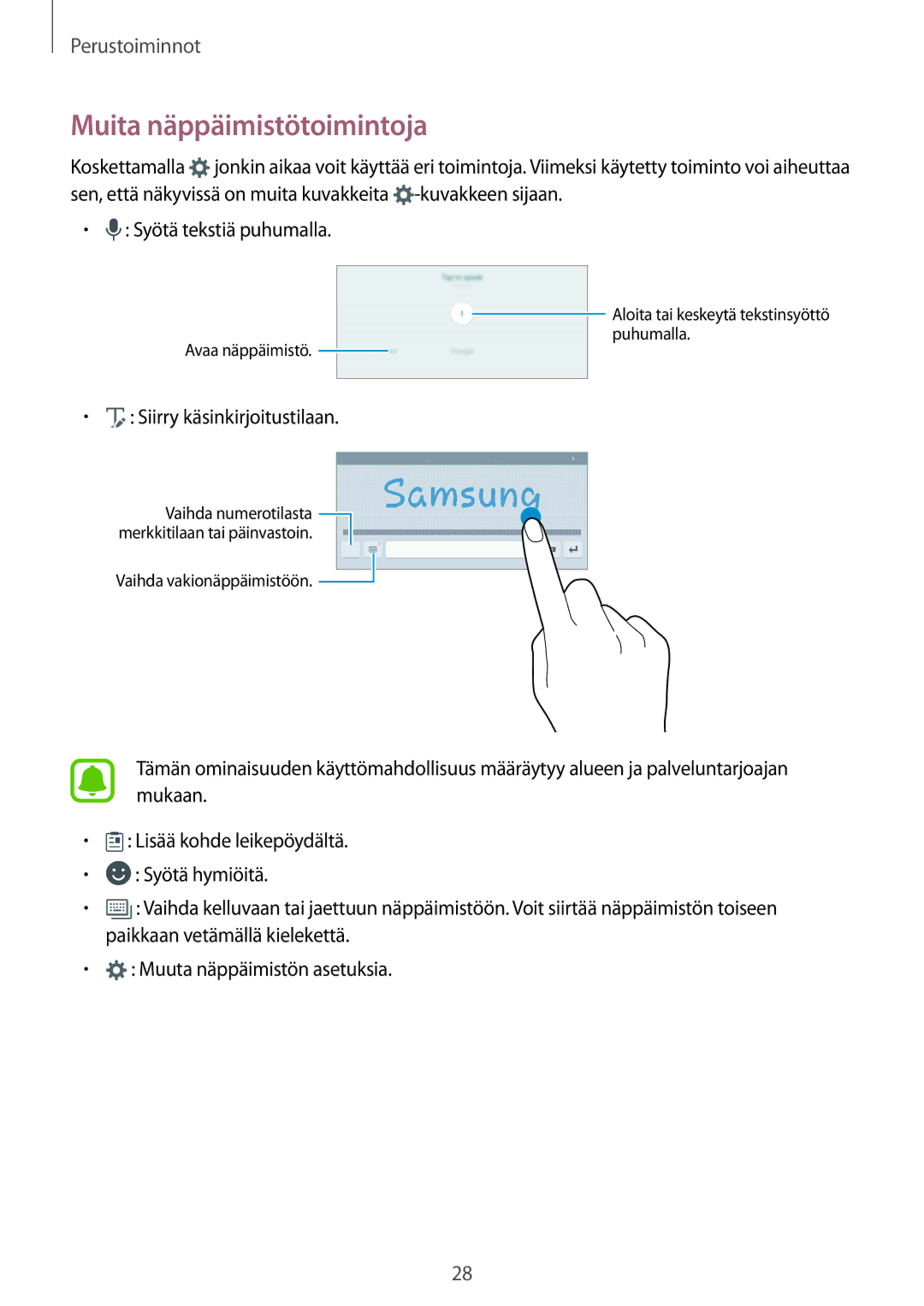 Samsung SM-T810NZWENEE, SM-T710NZWENEE manual Muita näppäimistötoimintoja 