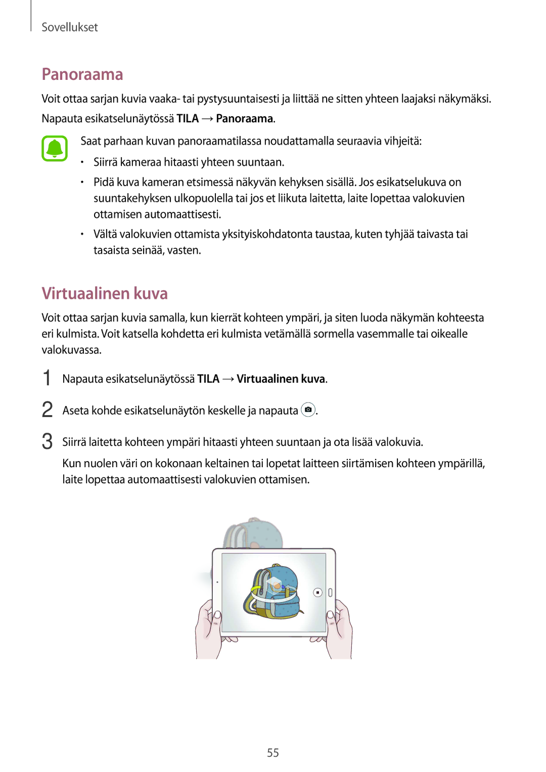 Samsung SM-T710NZWENEE, SM-T810NZWENEE manual Panoraama, Virtuaalinen kuva 