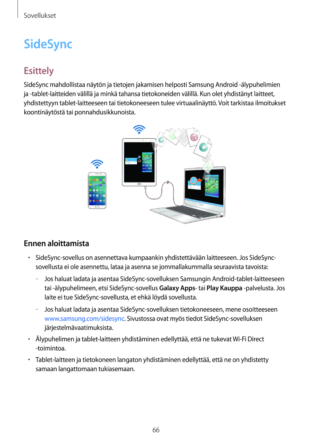 Samsung SM-T810NZWENEE, SM-T710NZWENEE manual SideSync, Ennen aloittamista 