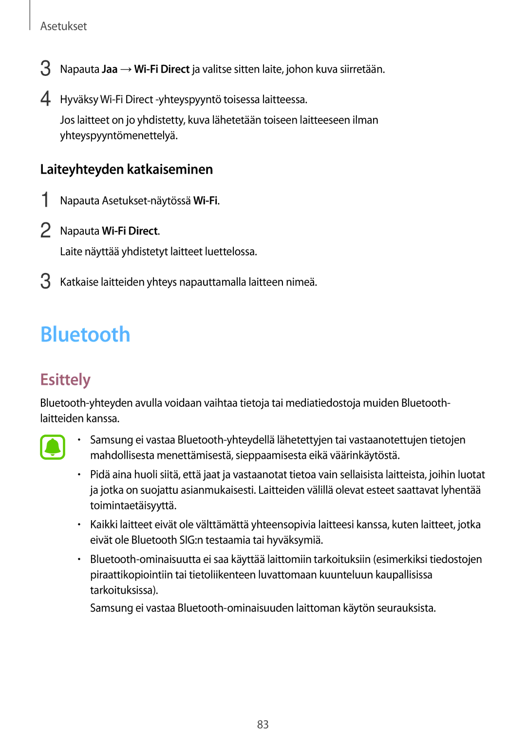 Samsung SM-T710NZWENEE, SM-T810NZWENEE manual Bluetooth, Laiteyhteyden katkaiseminen 