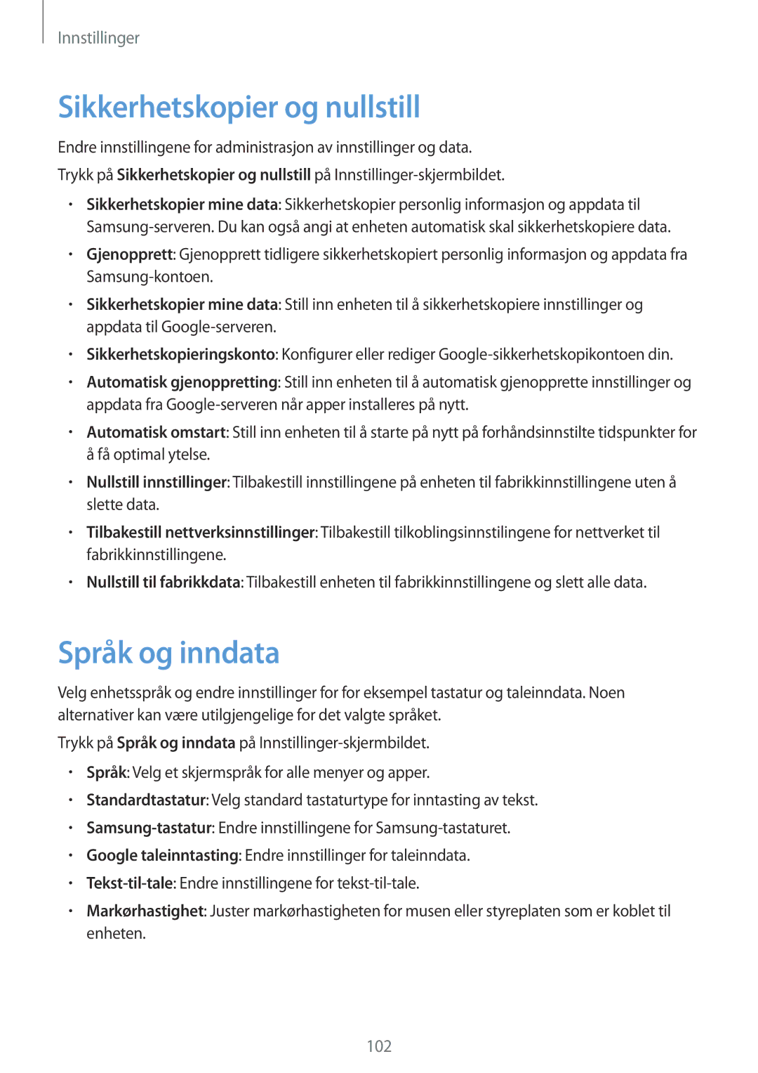 Samsung SM-T810NZWENEE, SM-T710NZWENEE manual Sikkerhetskopier og nullstill, Språk og inndata 