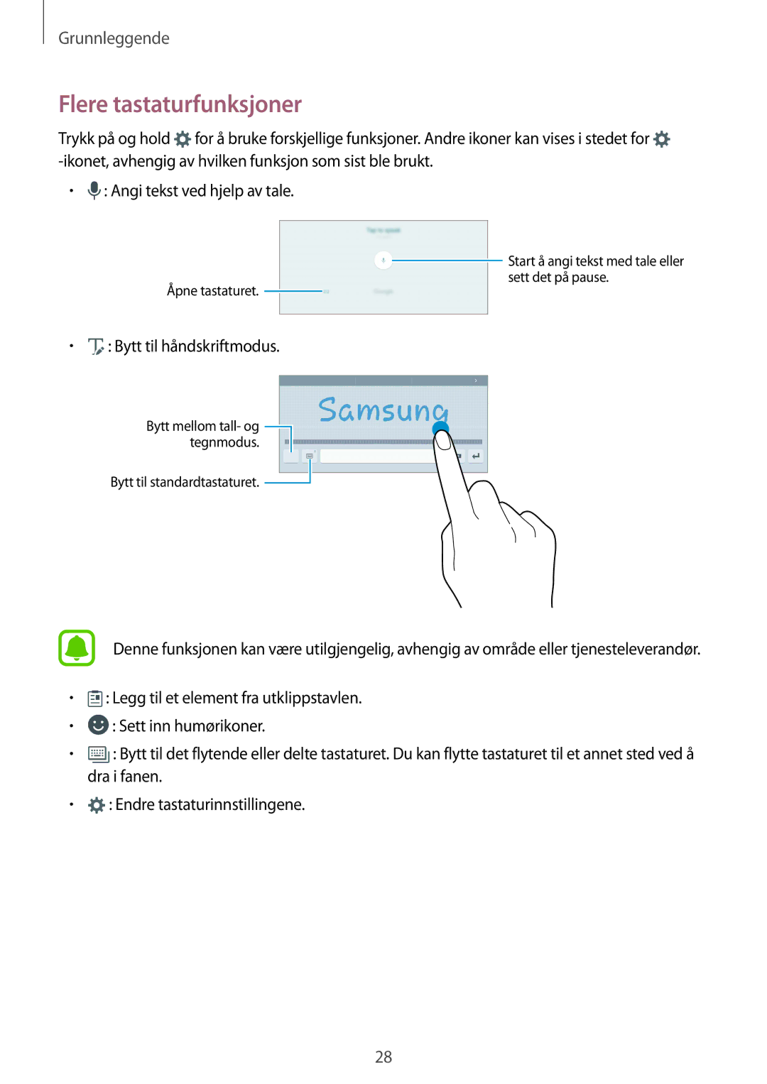 Samsung SM-T810NZWENEE, SM-T710NZWENEE manual Flere tastaturfunksjoner, Bytt til håndskriftmodus 