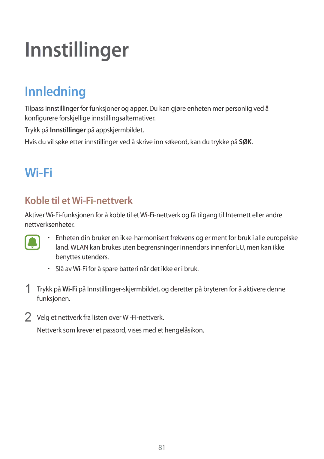 Samsung SM-T710NZWENEE, SM-T810NZWENEE manual Innledning, Koble til et Wi-Fi-nettverk 