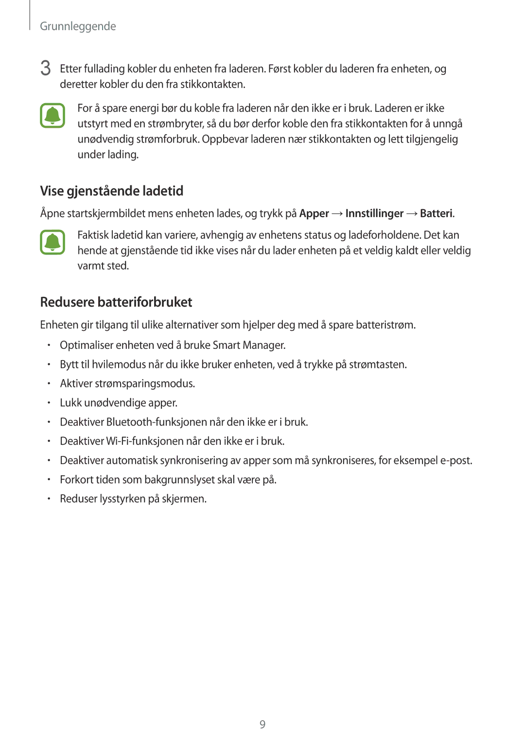 Samsung SM-T710NZWENEE, SM-T810NZWENEE manual Vise gjenstående ladetid, Redusere batteriforbruket 