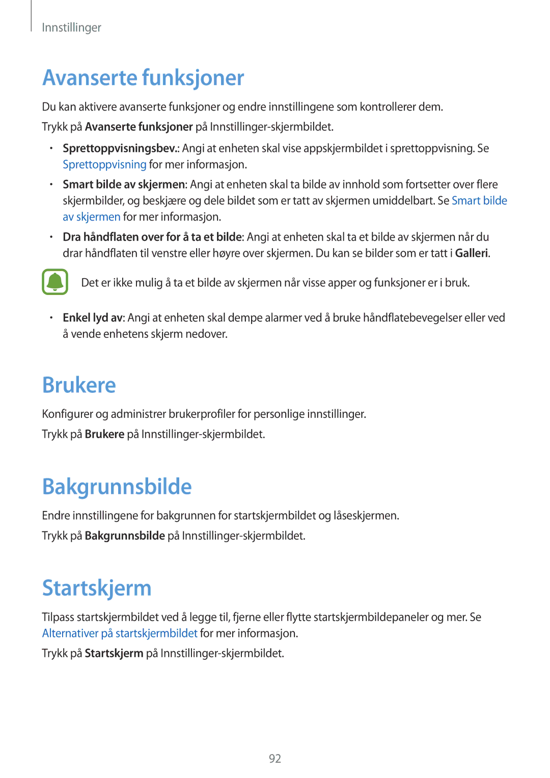 Samsung SM-T810NZWENEE, SM-T710NZWENEE manual Avanserte funksjoner, Brukere, Bakgrunnsbilde, Startskjerm 