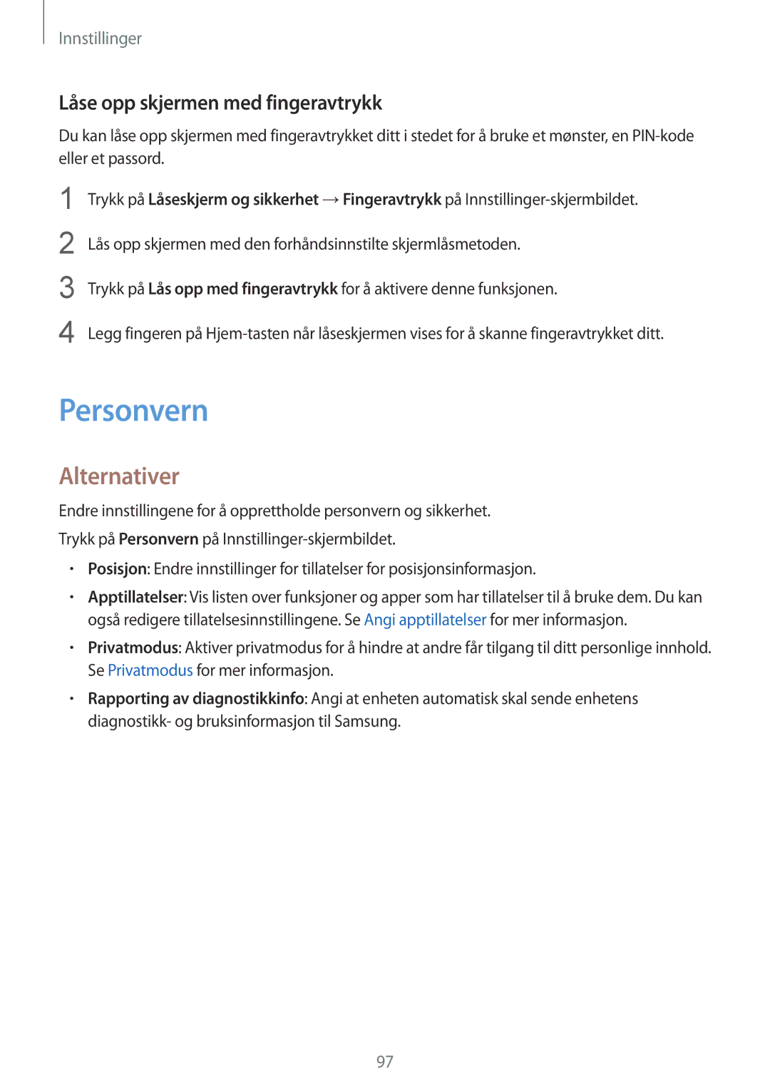 Samsung SM-T710NZWENEE, SM-T810NZWENEE manual Personvern, Låse opp skjermen med fingeravtrykk 