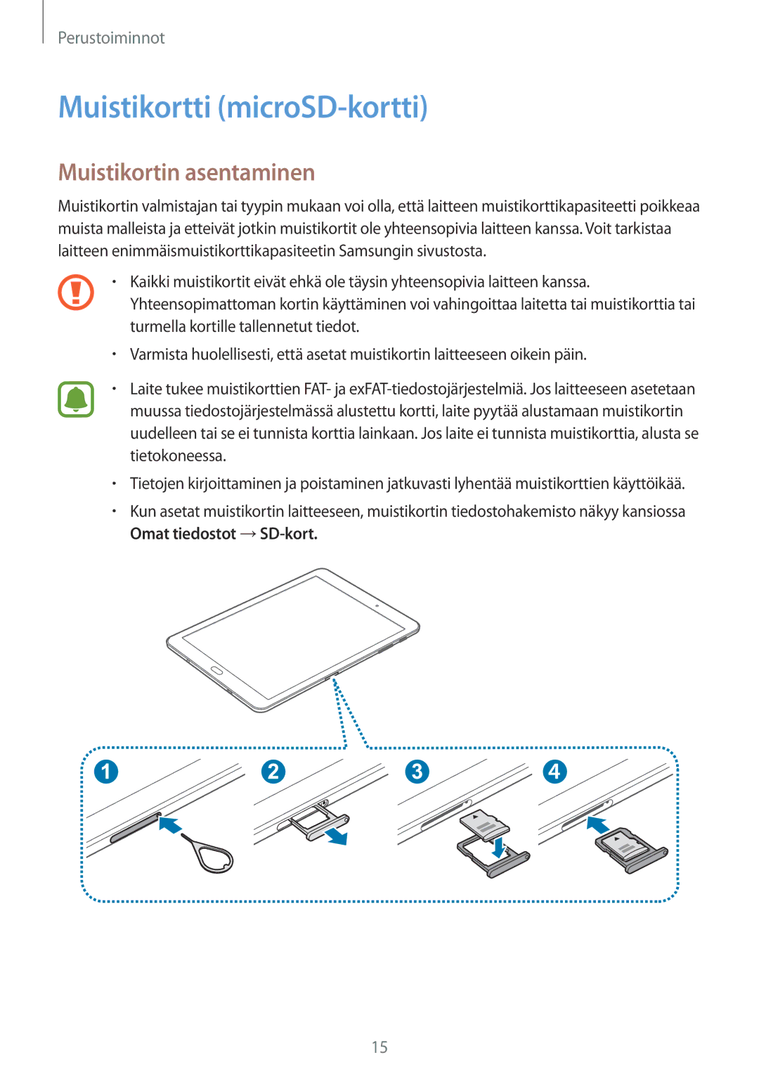 Samsung SM-T710NZWENEE, SM-T810NZWENEE manual Muistikortti microSD-kortti, Muistikortin asentaminen 