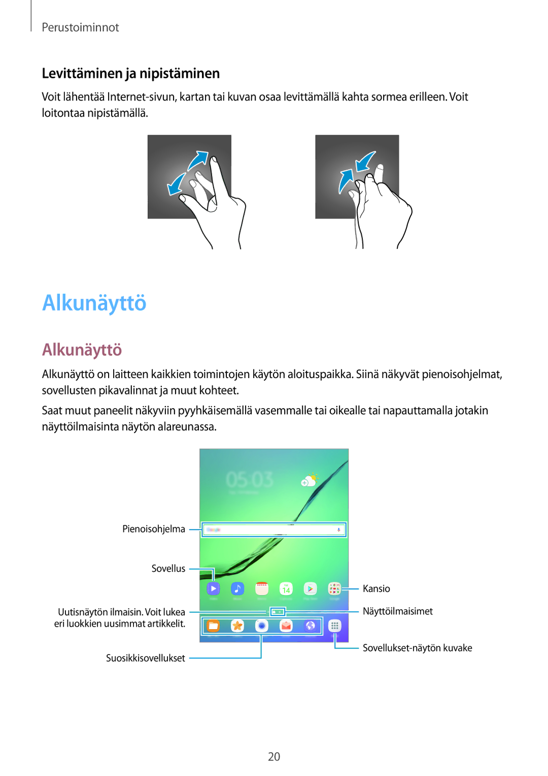 Samsung SM-T810NZWENEE, SM-T710NZWENEE manual Alkunäyttö, Levittäminen ja nipistäminen 