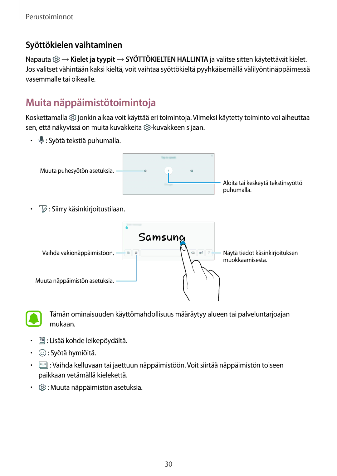 Samsung SM-T810NZWENEE, SM-T710NZWENEE Muita näppäimistötoimintoja, Syöttökielen vaihtaminen, Siirry käsinkirjoitustilaan 