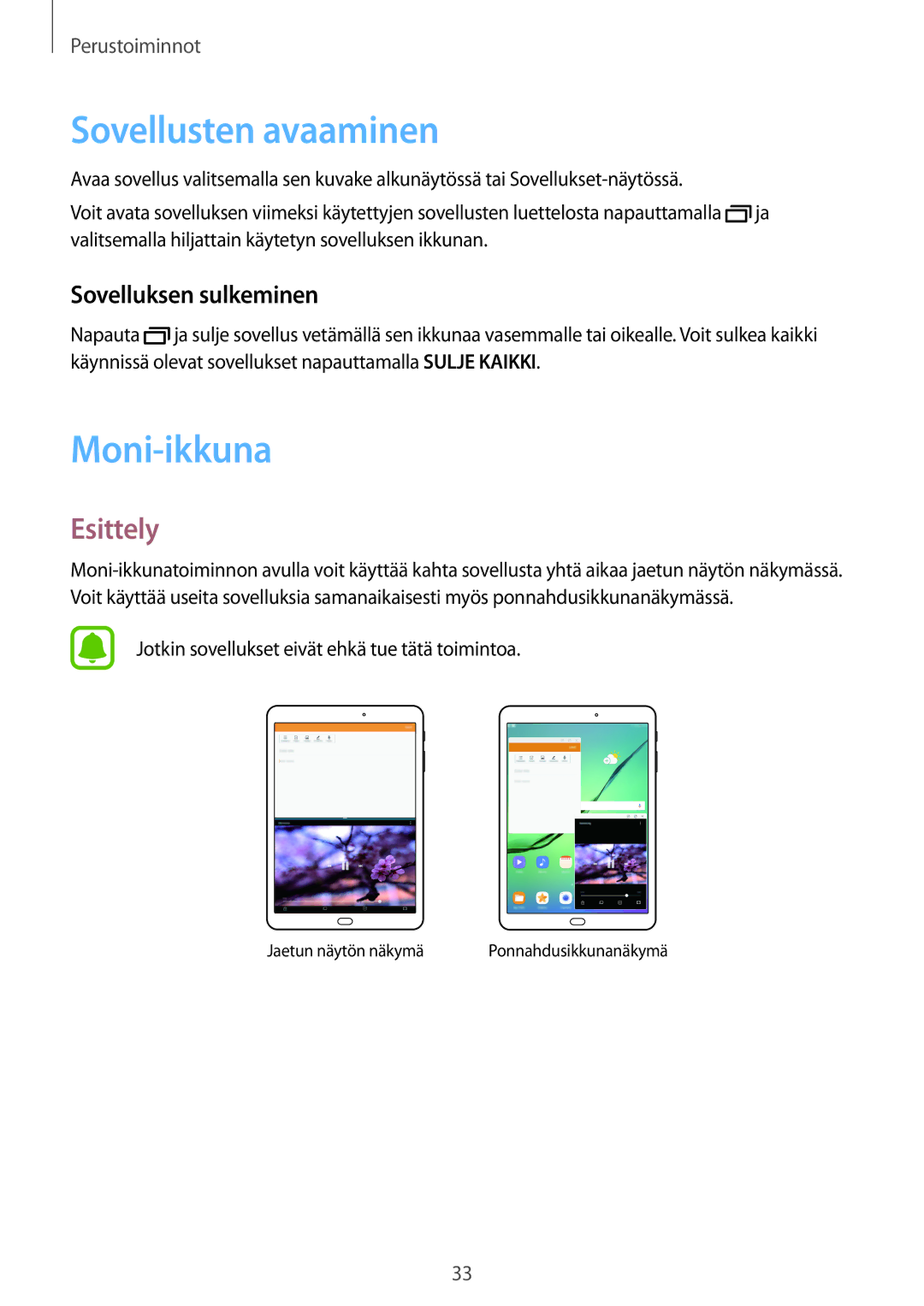 Samsung SM-T710NZWENEE, SM-T810NZWENEE manual Sovellusten avaaminen, Moni-ikkuna, Esittely, Sovelluksen sulkeminen 