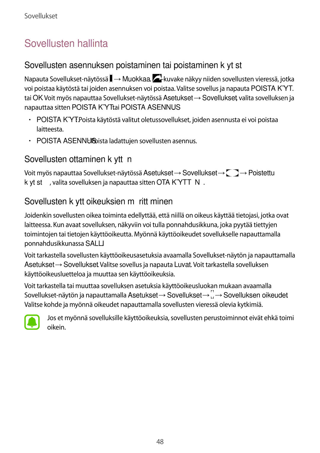 Samsung SM-T810NZWENEE, SM-T710NZWENEE Sovellusten hallinta, Sovellusten asennuksen poistaminen tai poistaminen käytöstä 