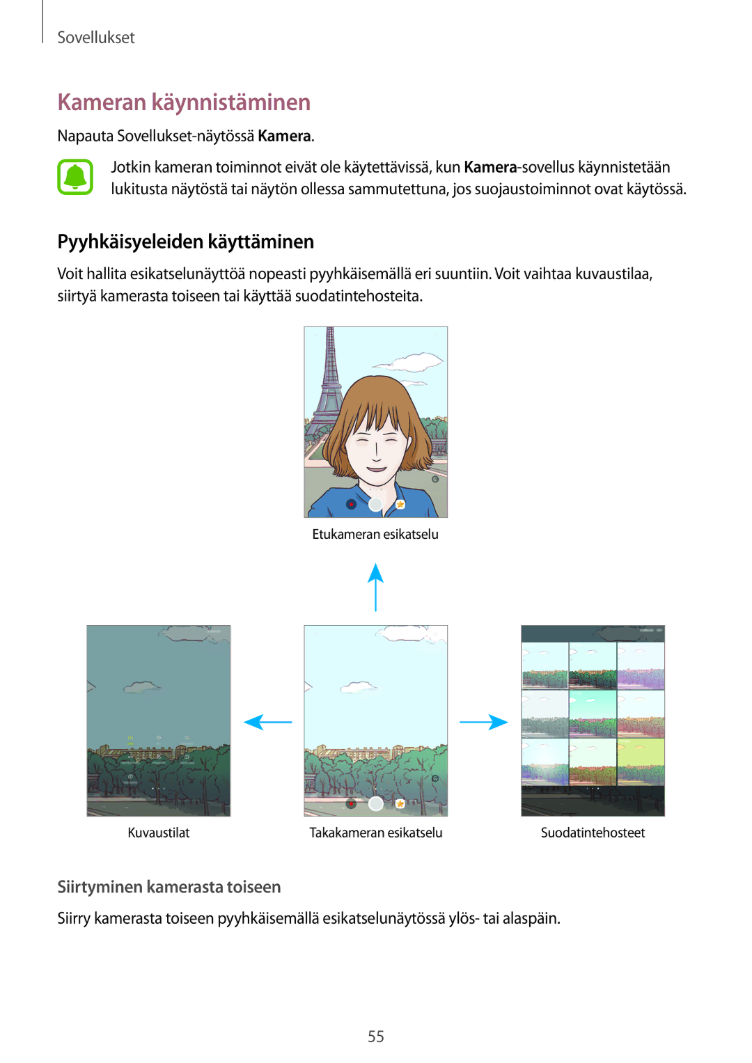 Samsung SM-T710NZWENEE manual Kameran käynnistäminen, Pyyhkäisyeleiden käyttäminen, Napauta Sovellukset-näytössä Kamera 