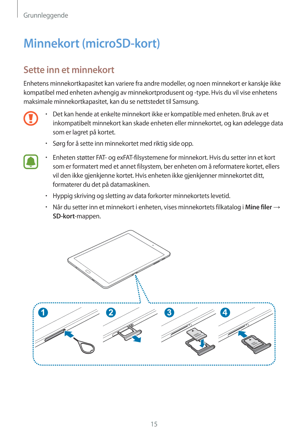 Samsung SM-T710NZWENEE, SM-T810NZWENEE manual Minnekort microSD-kort, Sette inn et minnekort 