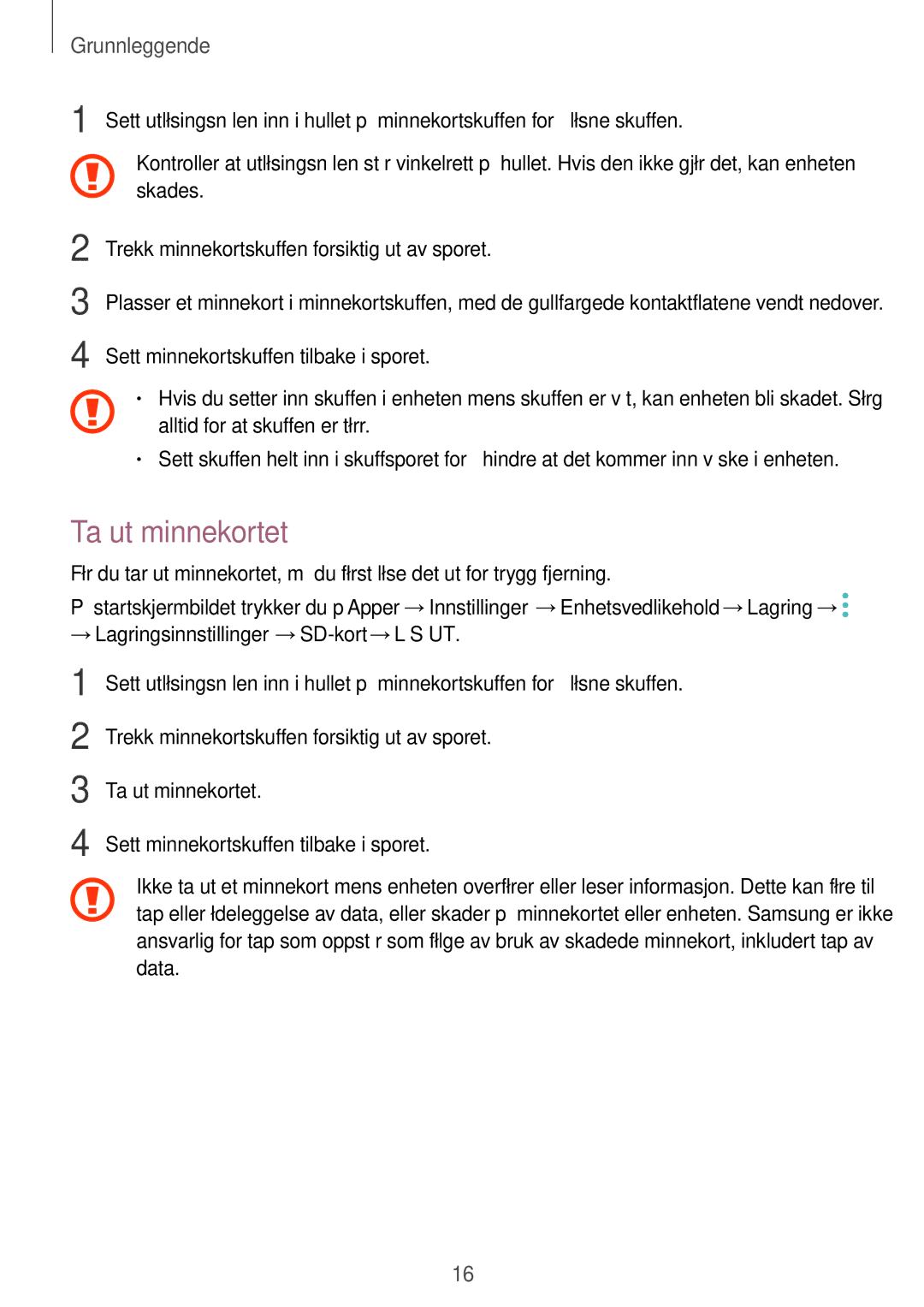 Samsung SM-T810NZWENEE, SM-T710NZWENEE manual Ta ut minnekortet, → Lagringsinnstillinger →SD-kort →LØS UT 