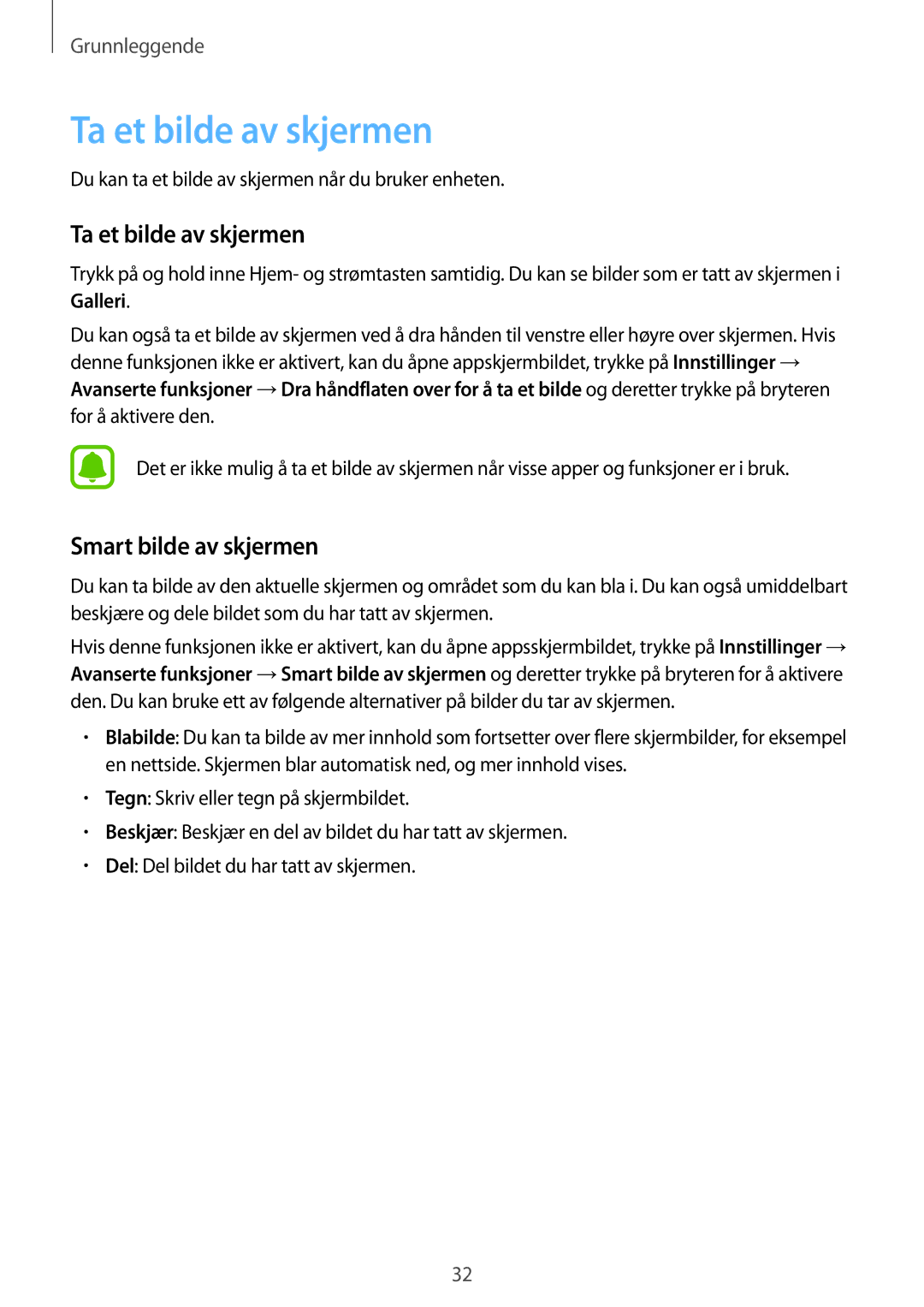 Samsung SM-T810NZWENEE, SM-T710NZWENEE manual Ta et bilde av skjermen, Smart bilde av skjermen 