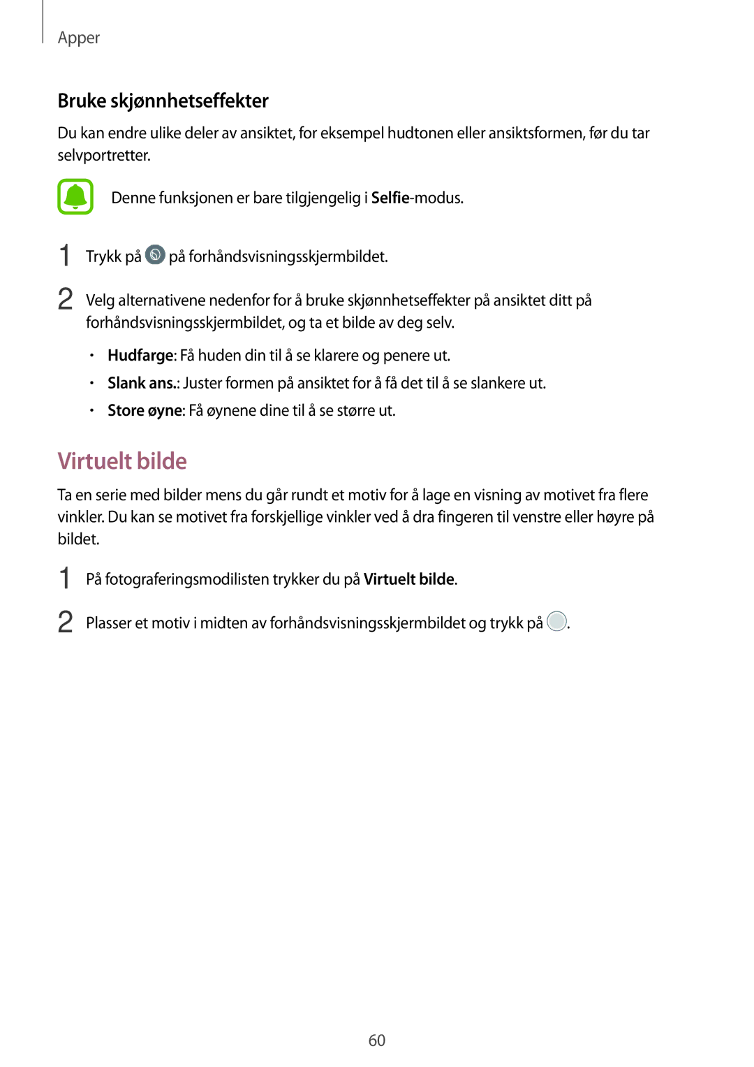 Samsung SM-T810NZWENEE, SM-T710NZWENEE manual Virtuelt bilde, Bruke skjønnhetseffekter 