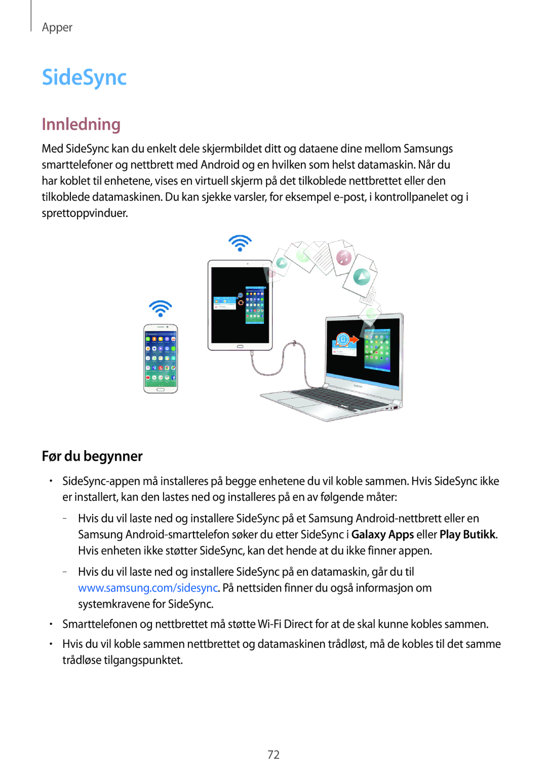 Samsung SM-T810NZWENEE, SM-T710NZWENEE manual SideSync, Før du begynner 