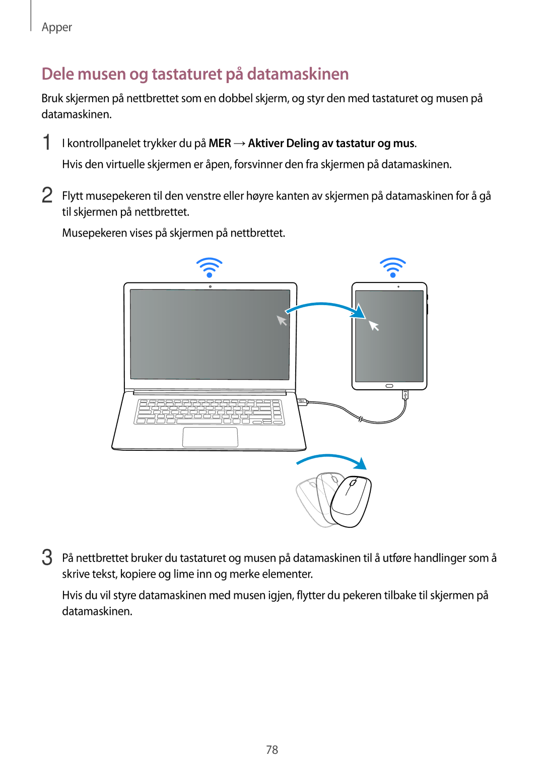 Samsung SM-T810NZWENEE, SM-T710NZWENEE manual Dele musen og tastaturet på datamaskinen 