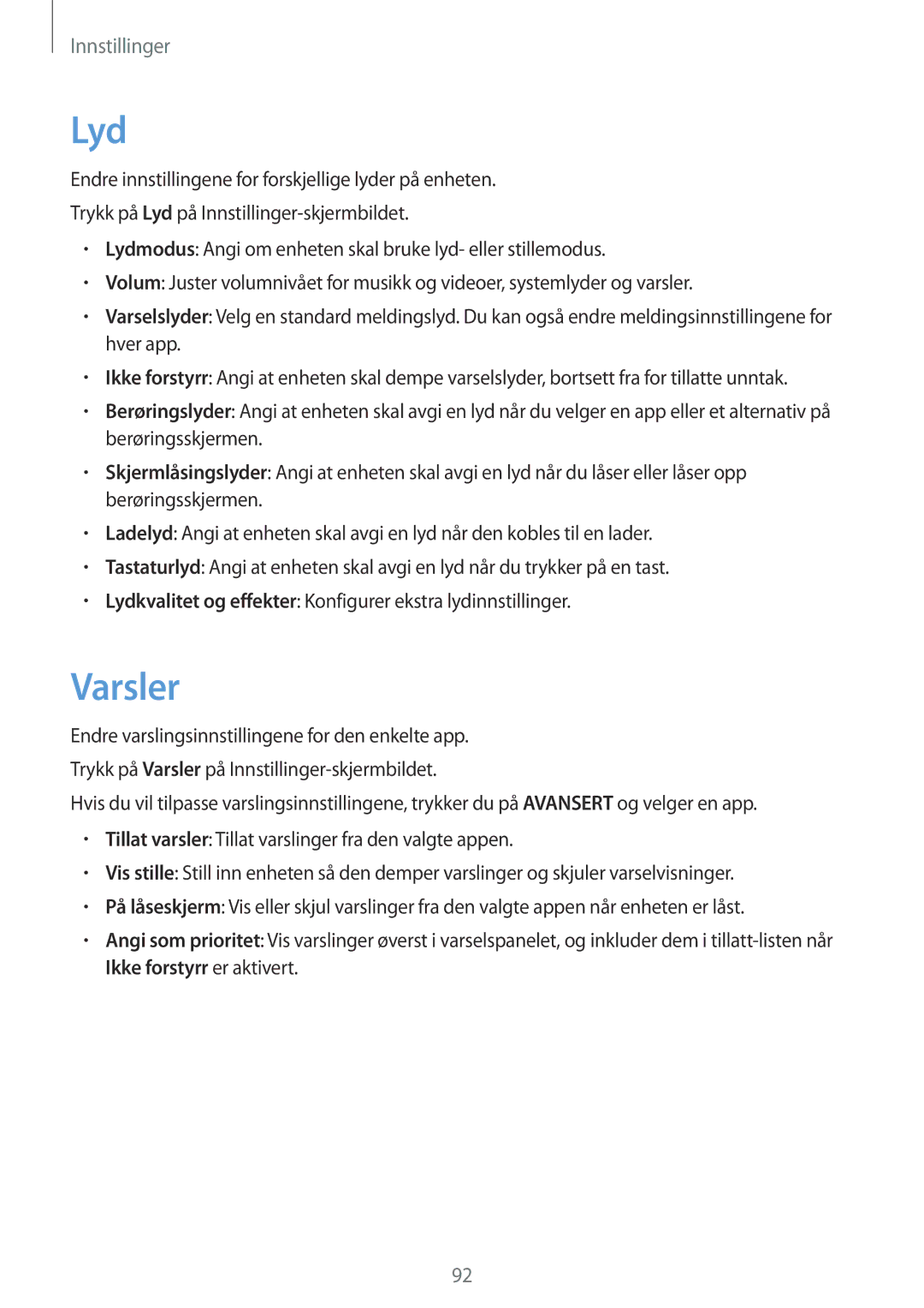 Samsung SM-T810NZWENEE, SM-T710NZWENEE manual Lyd, Varsler 