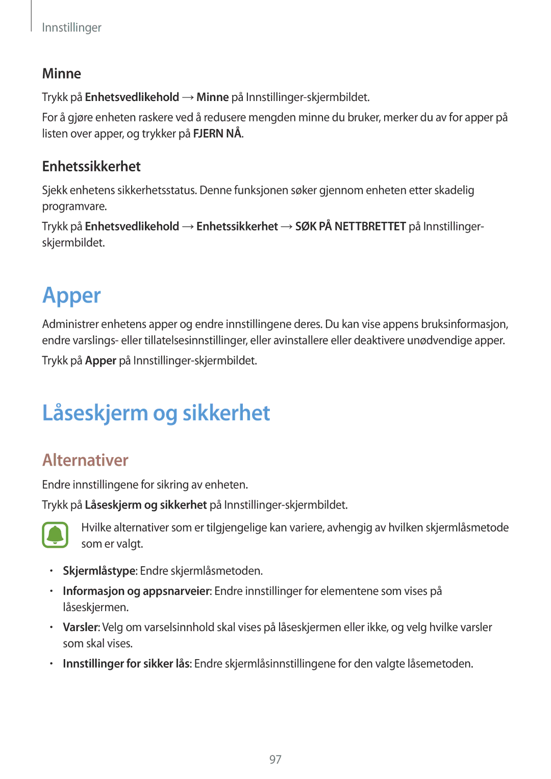 Samsung SM-T710NZWENEE, SM-T810NZWENEE manual Apper, Låseskjerm og sikkerhet, Minne, Enhetssikkerhet 