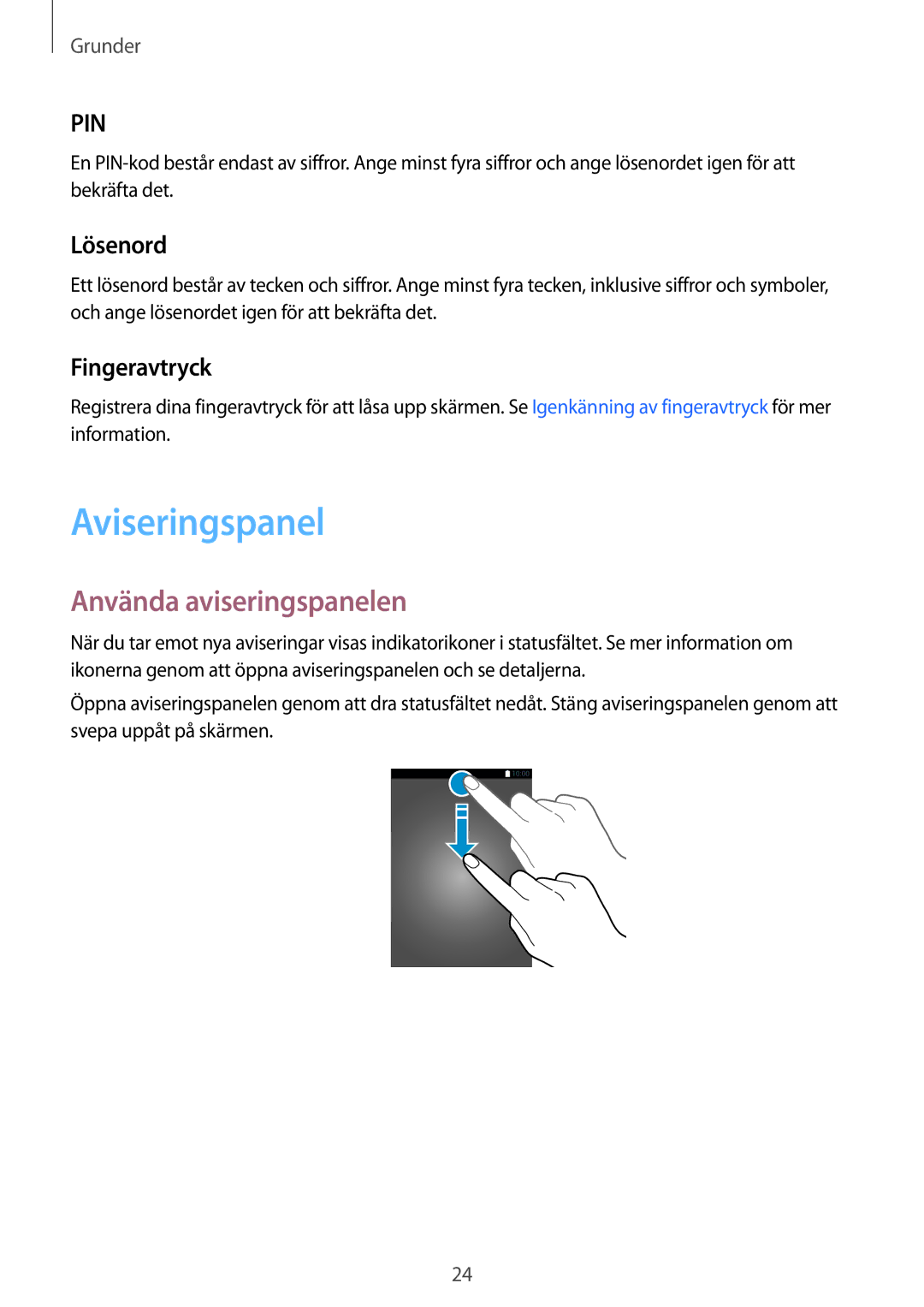 Samsung SM-T810NZWENEE manual Aviseringspanel, Använda aviseringspanelen, Lösenord, Fingeravtryck 