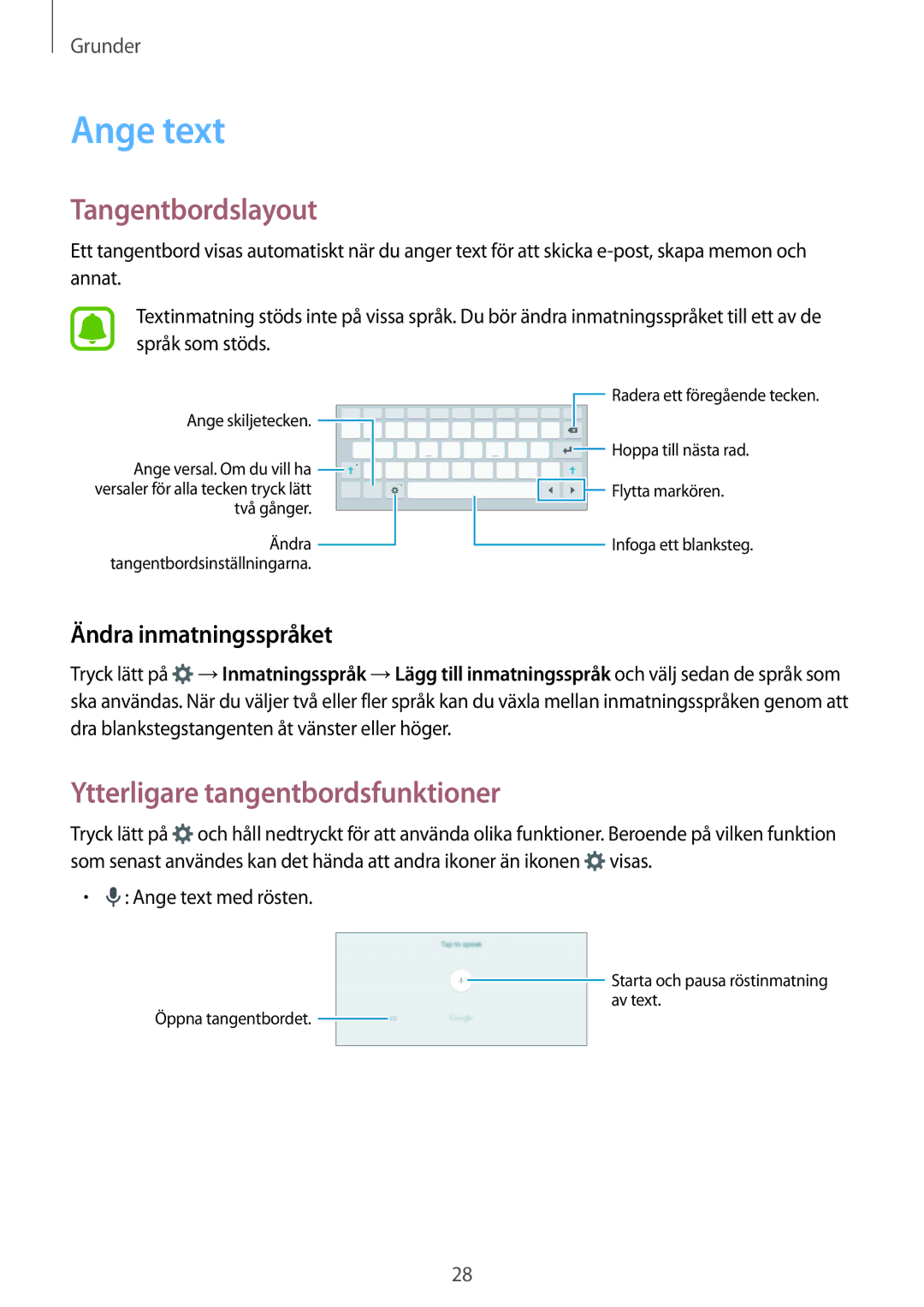 Samsung SM-T810NZWENEE manual Ange text, Tangentbordslayout, Ytterligare tangentbordsfunktioner, Ändra inmatningsspråket 