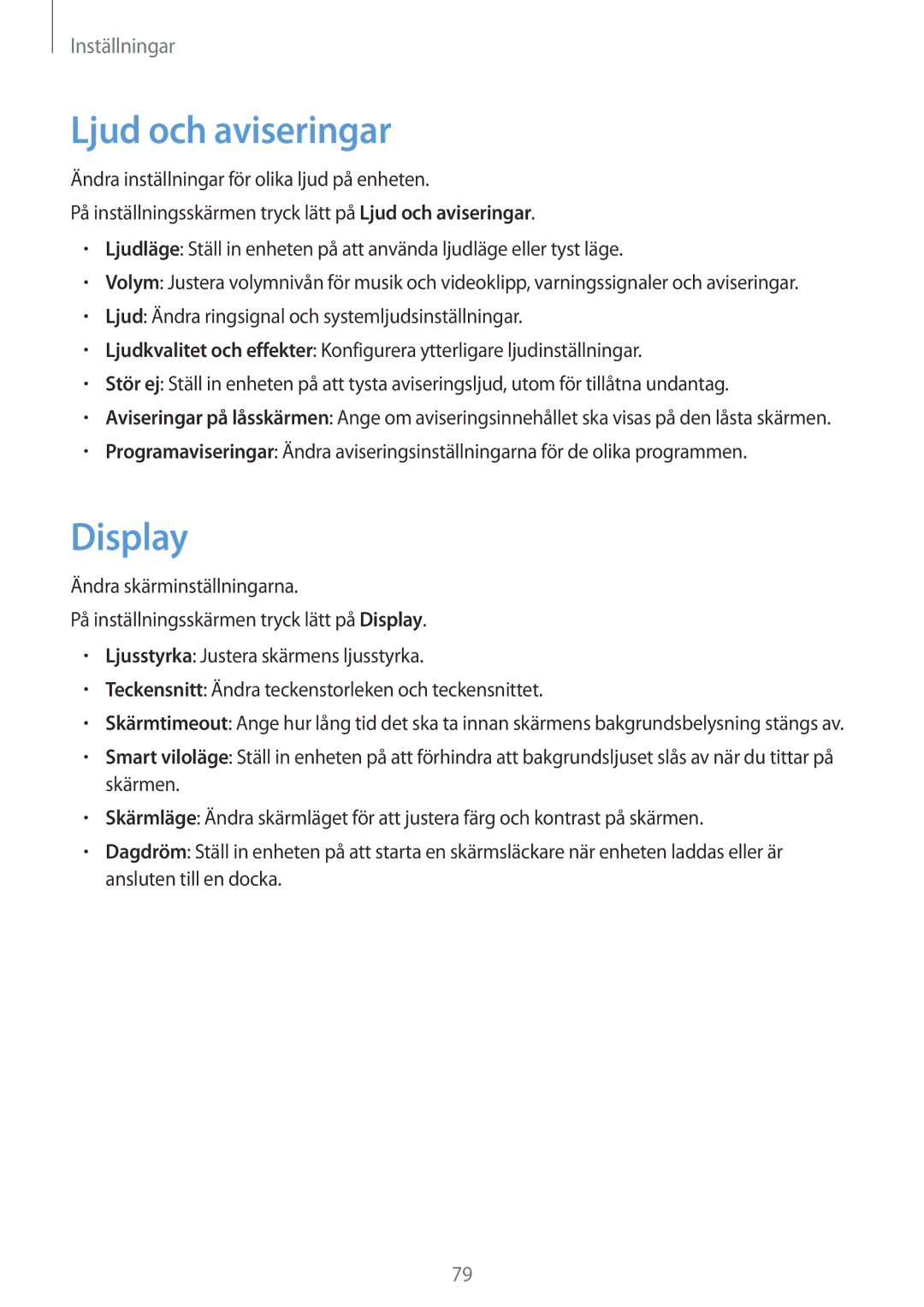 Samsung SM-T810NZWENEE manual Ljud och aviseringar, Display 