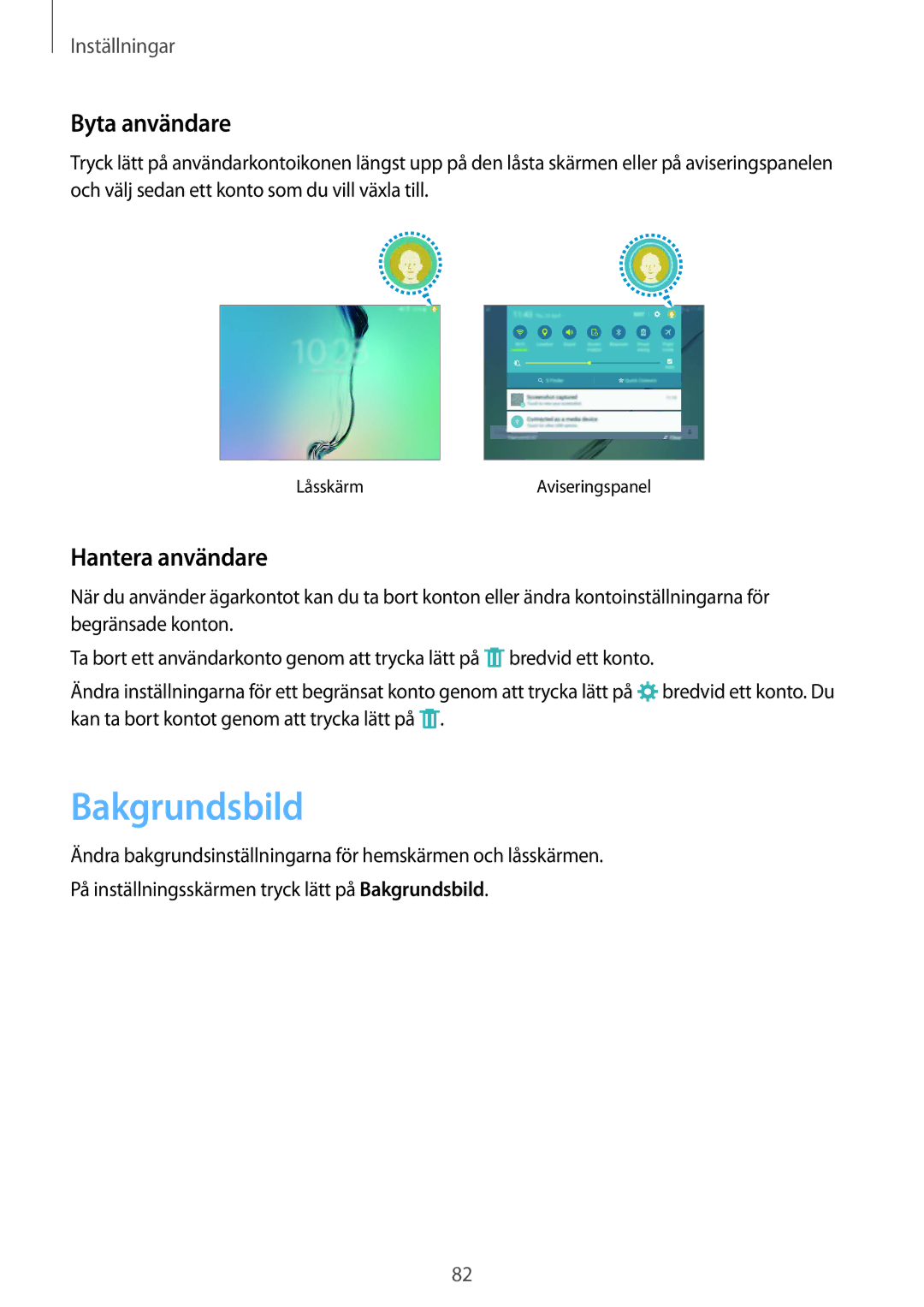 Samsung SM-T810NZWENEE manual Bakgrundsbild, Byta användare, Hantera användare 