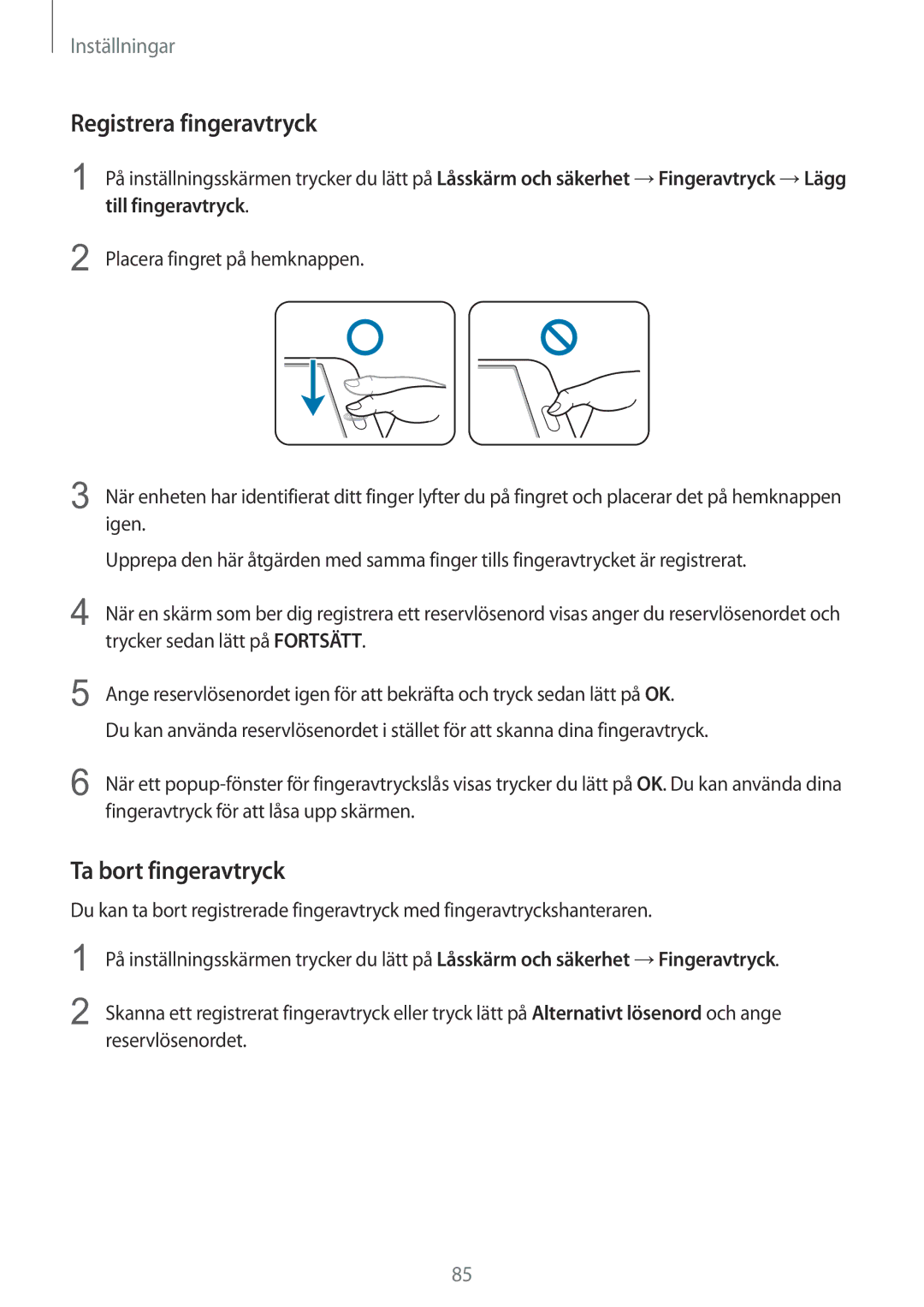 Samsung SM-T810NZWENEE manual Registrera fingeravtryck, Ta bort fingeravtryck 