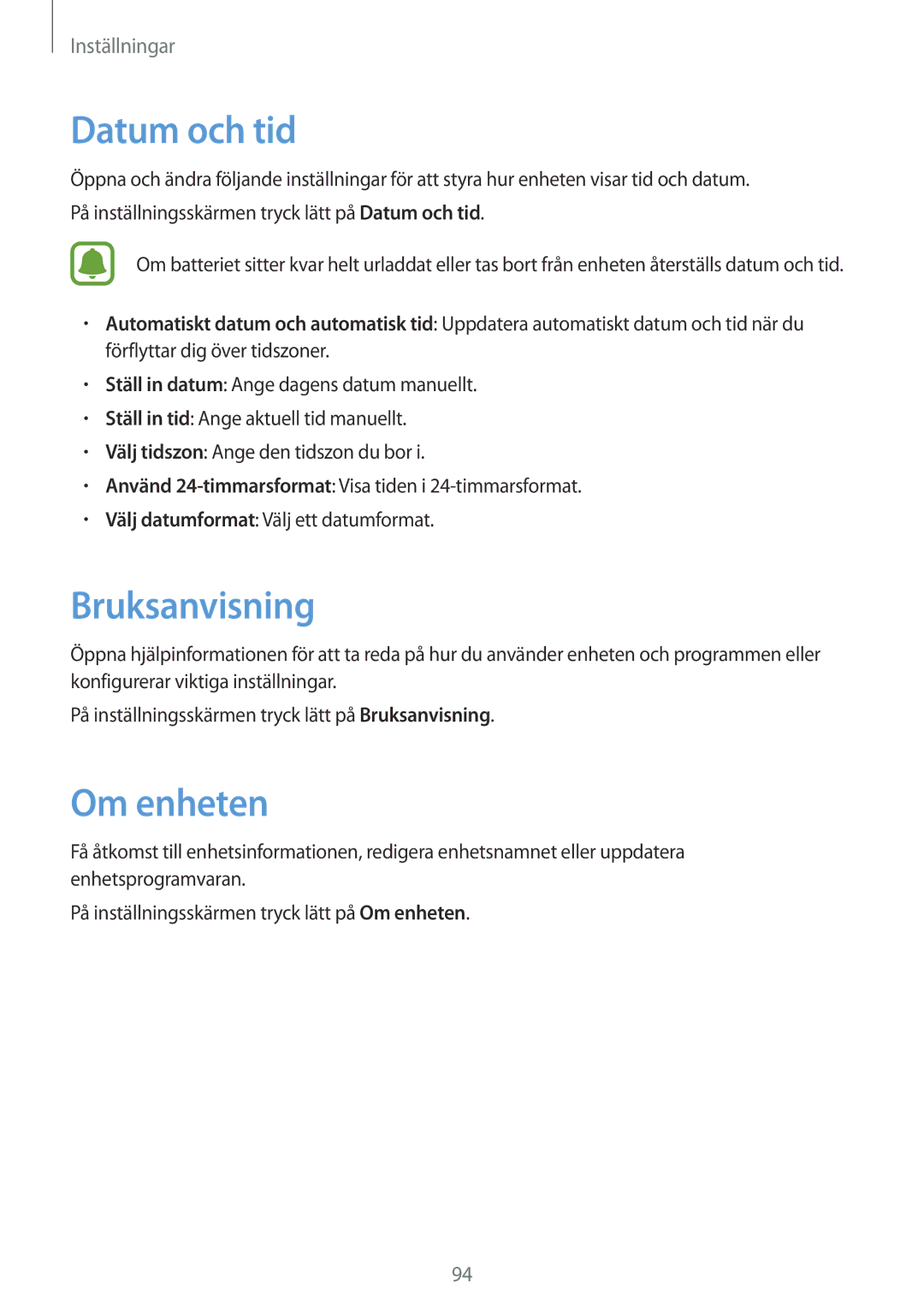 Samsung SM-T810NZWENEE manual Datum och tid, Bruksanvisning, Om enheten 