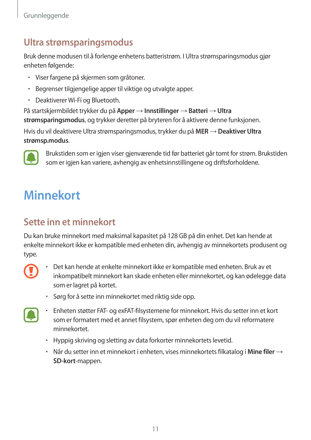 Samsung SM-T810NZWENEE manual Minnekort, Ultra strømsparingsmodus, Sette inn et minnekort 