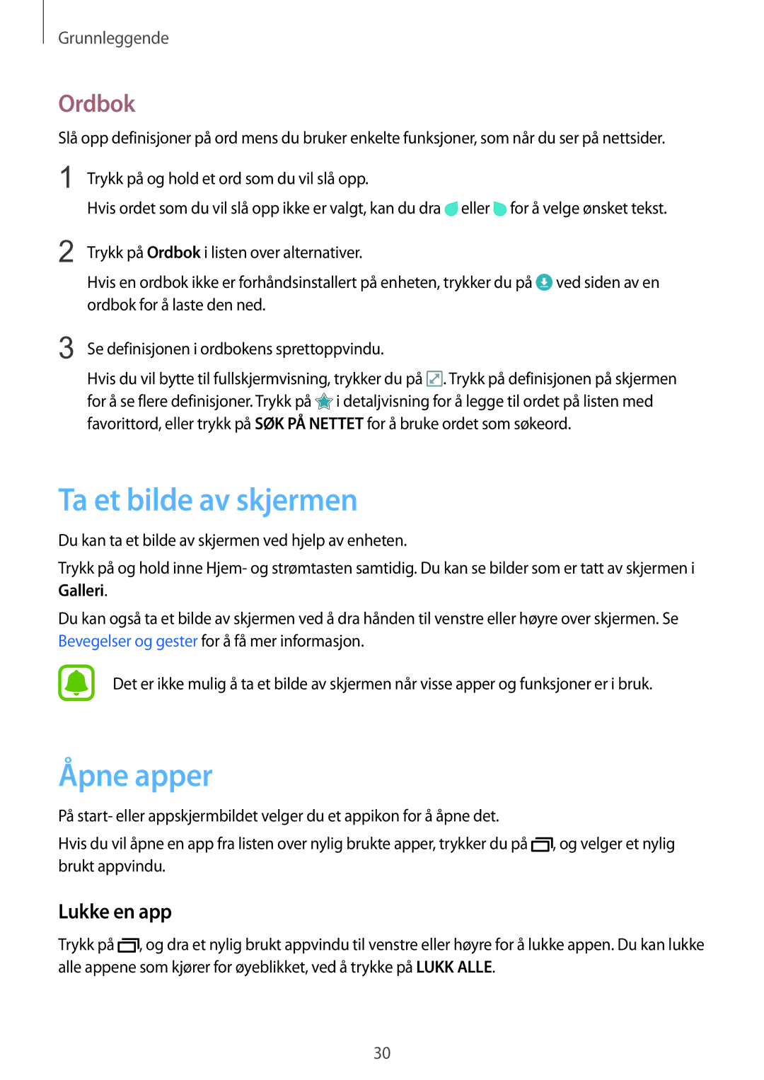 Samsung SM-T810NZWENEE manual Ta et bilde av skjermen, Åpne apper, Ordbok, Lukke en app 