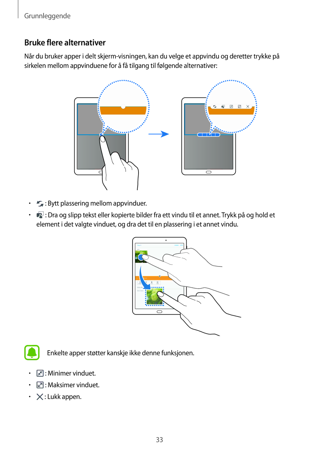 Samsung SM-T810NZWENEE manual Bruke flere alternativer, Bytt plassering mellom appvinduer 