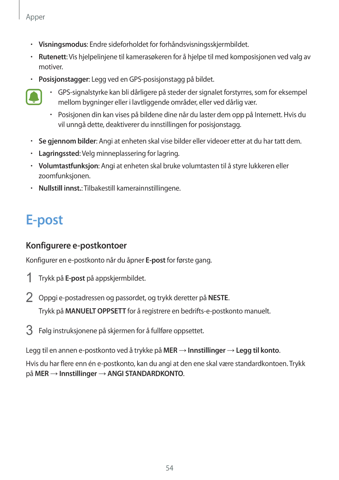 Samsung SM-T810NZWENEE manual Post, Konfigurere e-postkontoer 